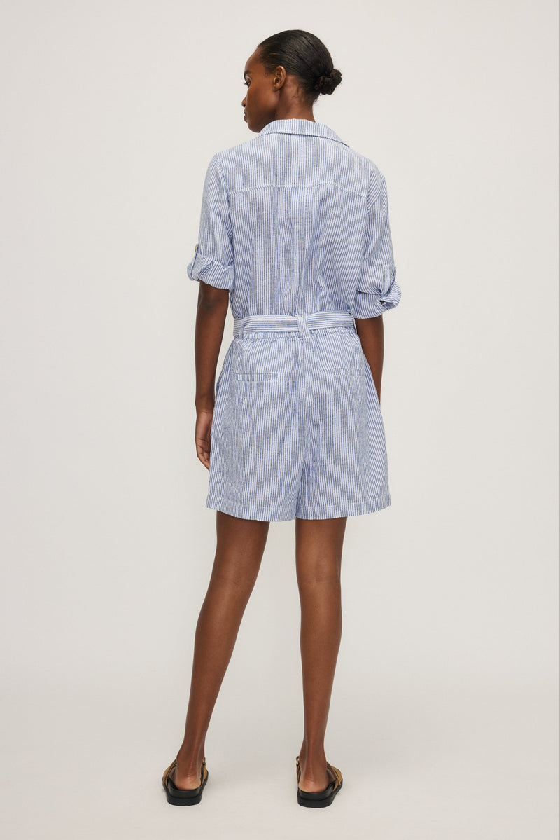 Back view of striped linen Sury Romper by Melissa Nepton, Lemonberry boutique in Aurora ON