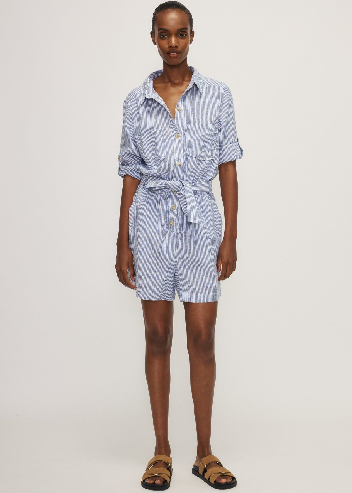 Front view of Sury Romper by Melissa Nepton in striped linen, available at Lemonberry Aurora Ontario
