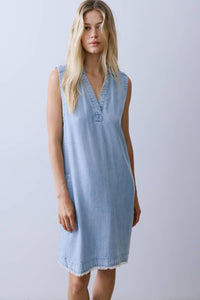 Sleeveless Tencel shift dress in light denim blue, Melissa Nepton, front view — Lemonberry Aurora