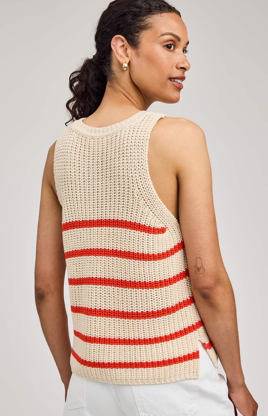 Striped knit tank in grenadine stripe, Gentle Fawn, back view — Lemonberry Aurora