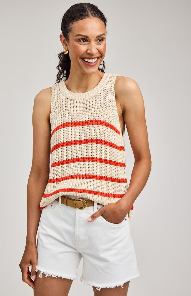 Women’s sleeveless knit tank in grenadine stripe, Gentle Fawn, front view — Lemonberry Aurora