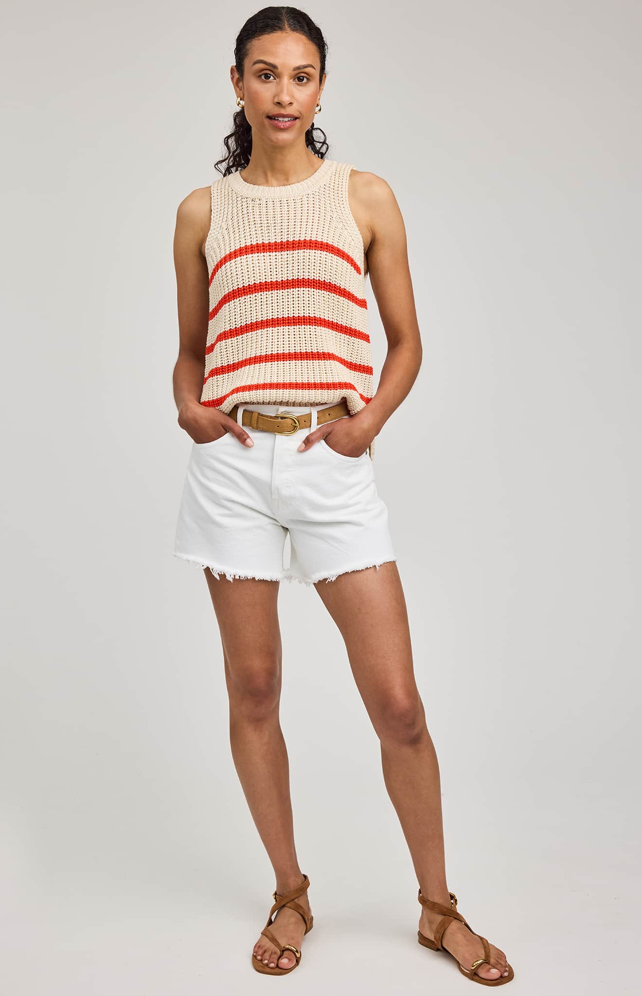 Sleeveless striped knit tank styled with summer shorts — Lemonberry Aurora