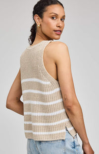 Women’s textured knit tank in white stripe, Gentle Fawn, back view — Lemonberry Aurora