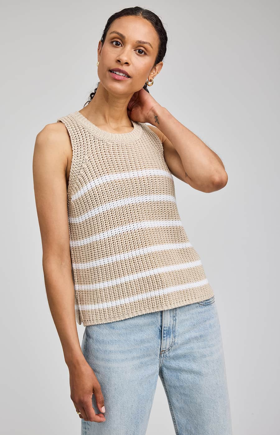 Women’s textured knit tank in white stripe, Gentle Fawn, back view — Lemonberry Aurora