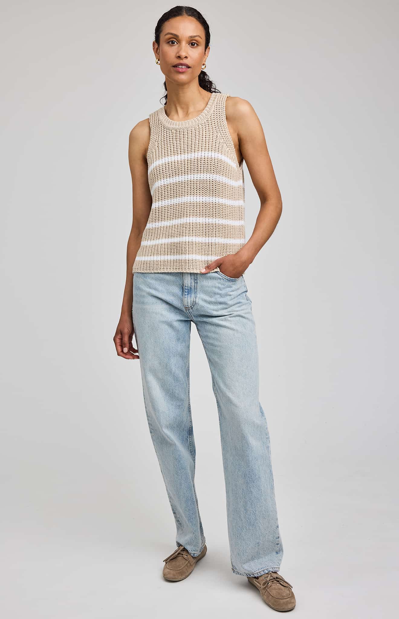 Sleeveless striped knit tank styled with denim jeans — Lemonberry Aurora