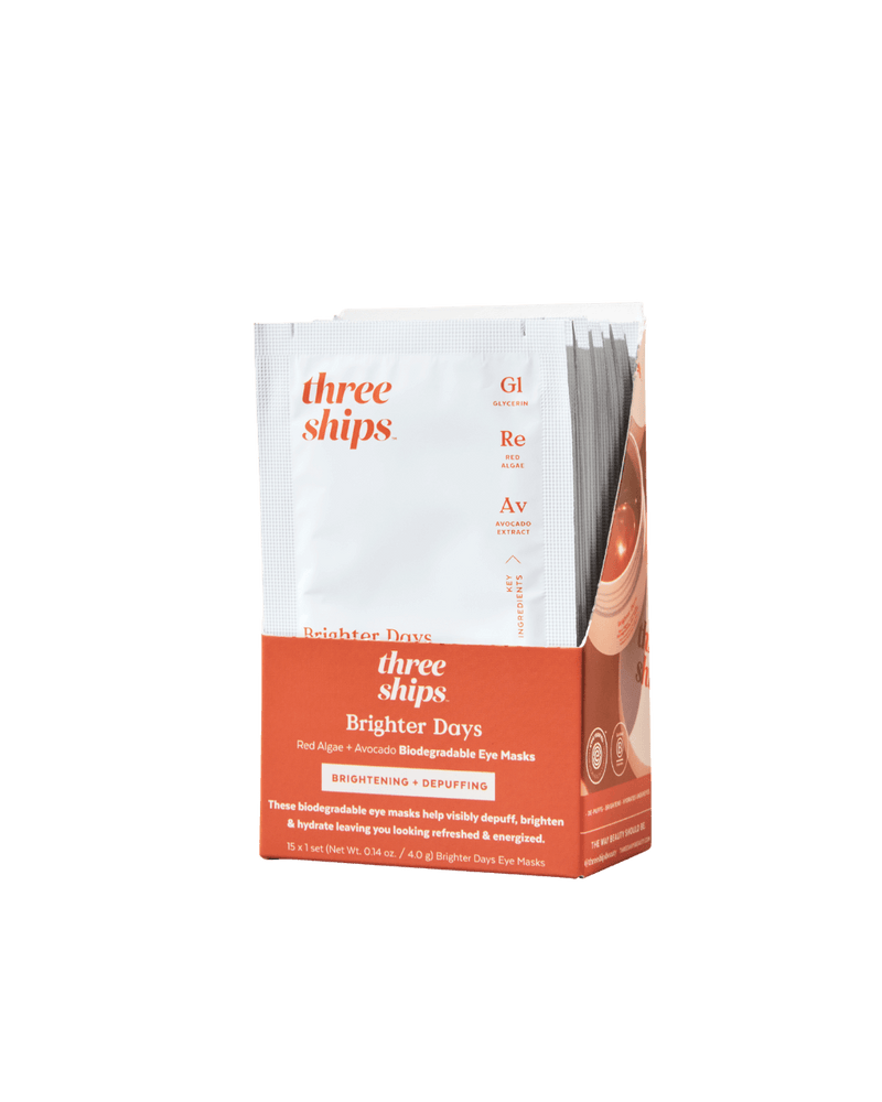 Sachet box open with visible Three Ships Brighter Days Eye Mask packets