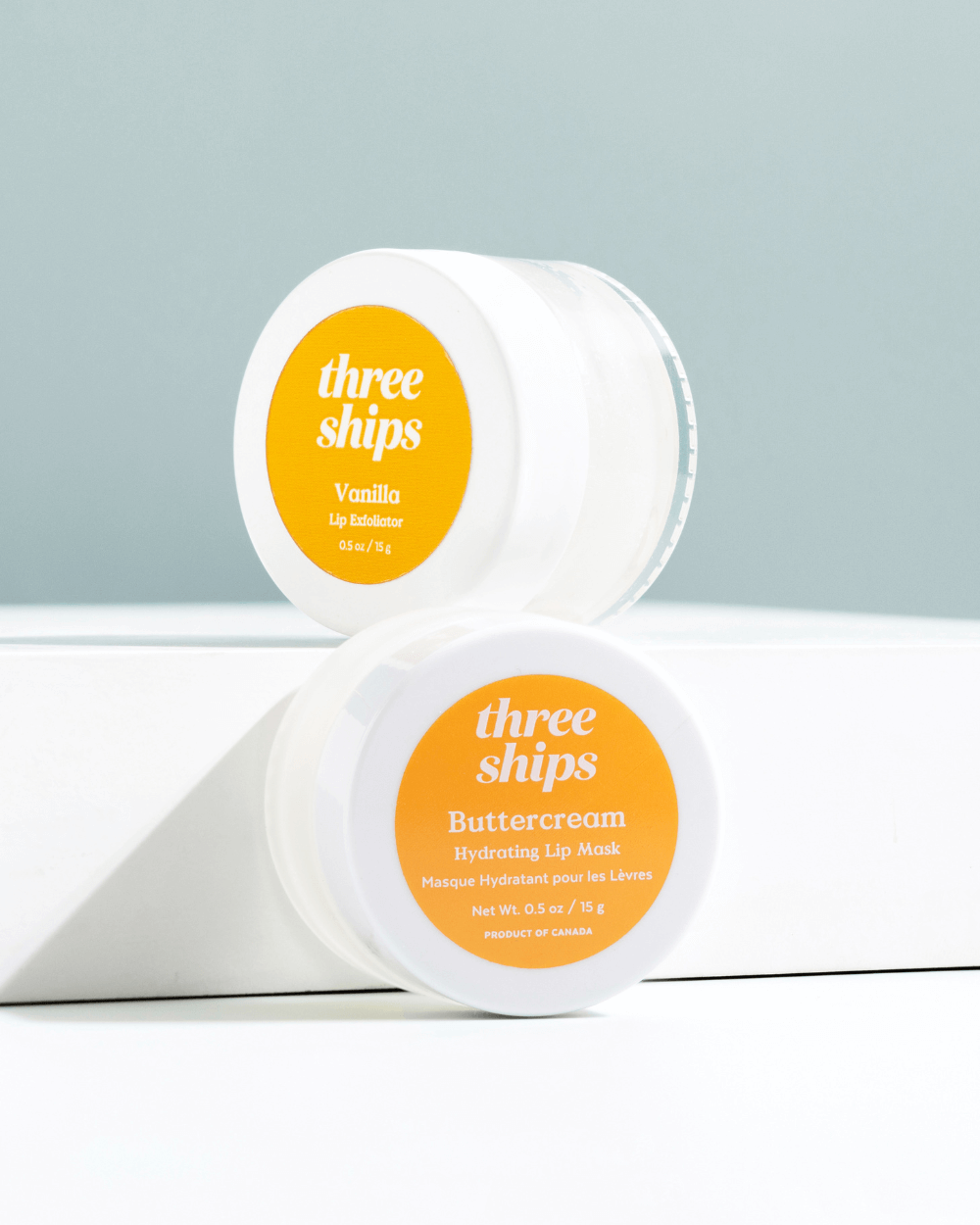 Top-down view of Three Ships Vanilla Lip Exfoliator and Buttercream Lip Mask – photographed at Lemonberry in Aurora, ON.