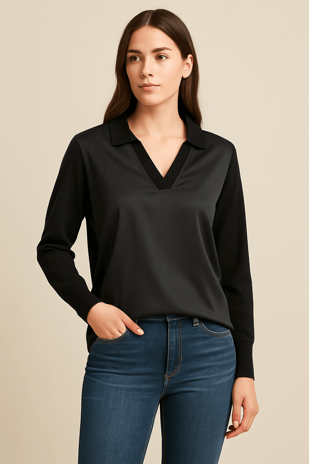 Tina Top by Melissa Nepton in black, modeled with jeans — silky front, knit sleeves, polo-collar V, curved hem, photographed for Lemonberry Aurora