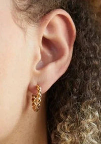 small gold twisted hoop earrings worn on ear — Foxy Originals, Lemonberry Aurora model