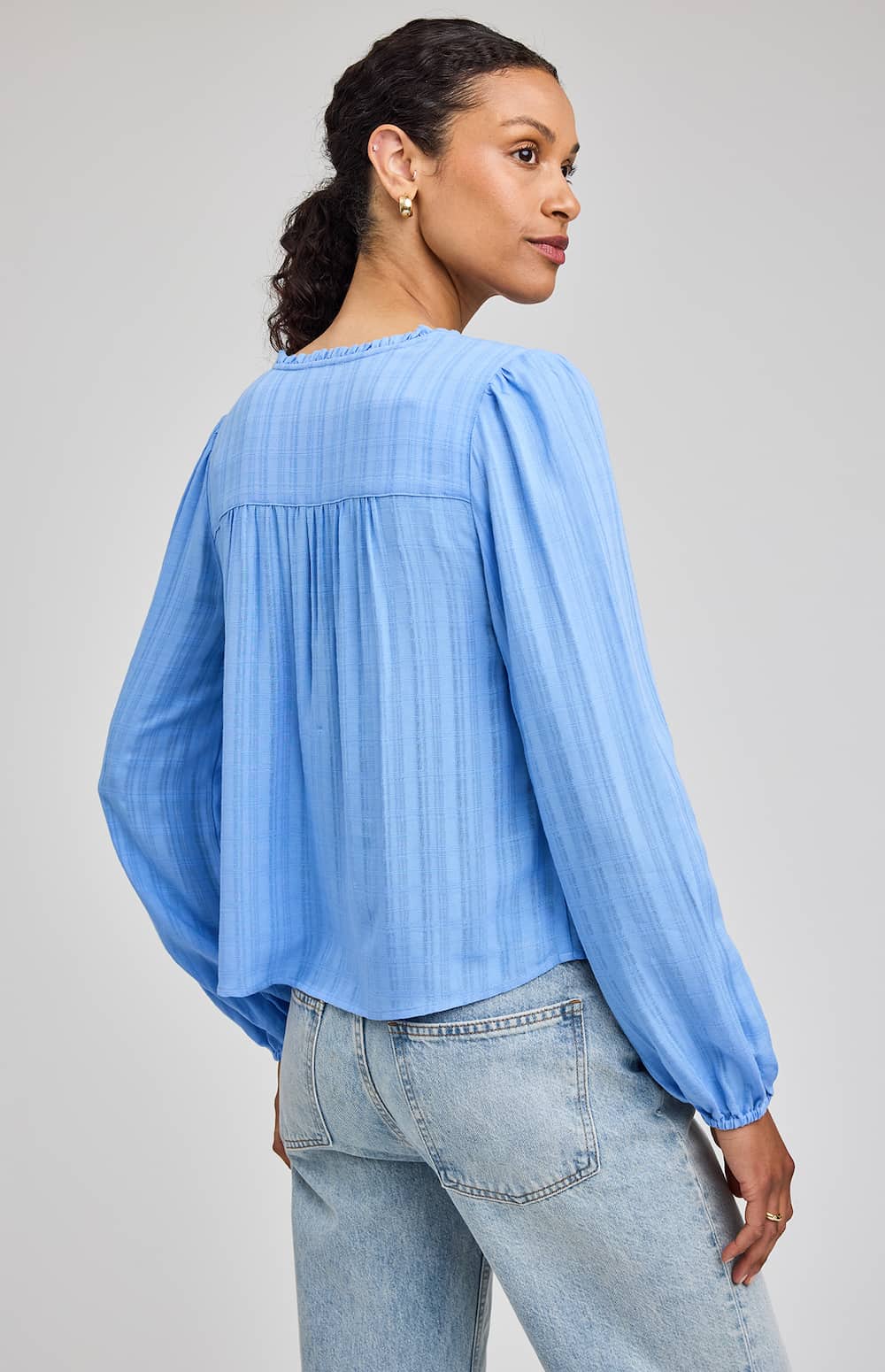 Women’s bluebell textured V-neck blouse, Gentle Fawn, back view — Lemonberry Aurora