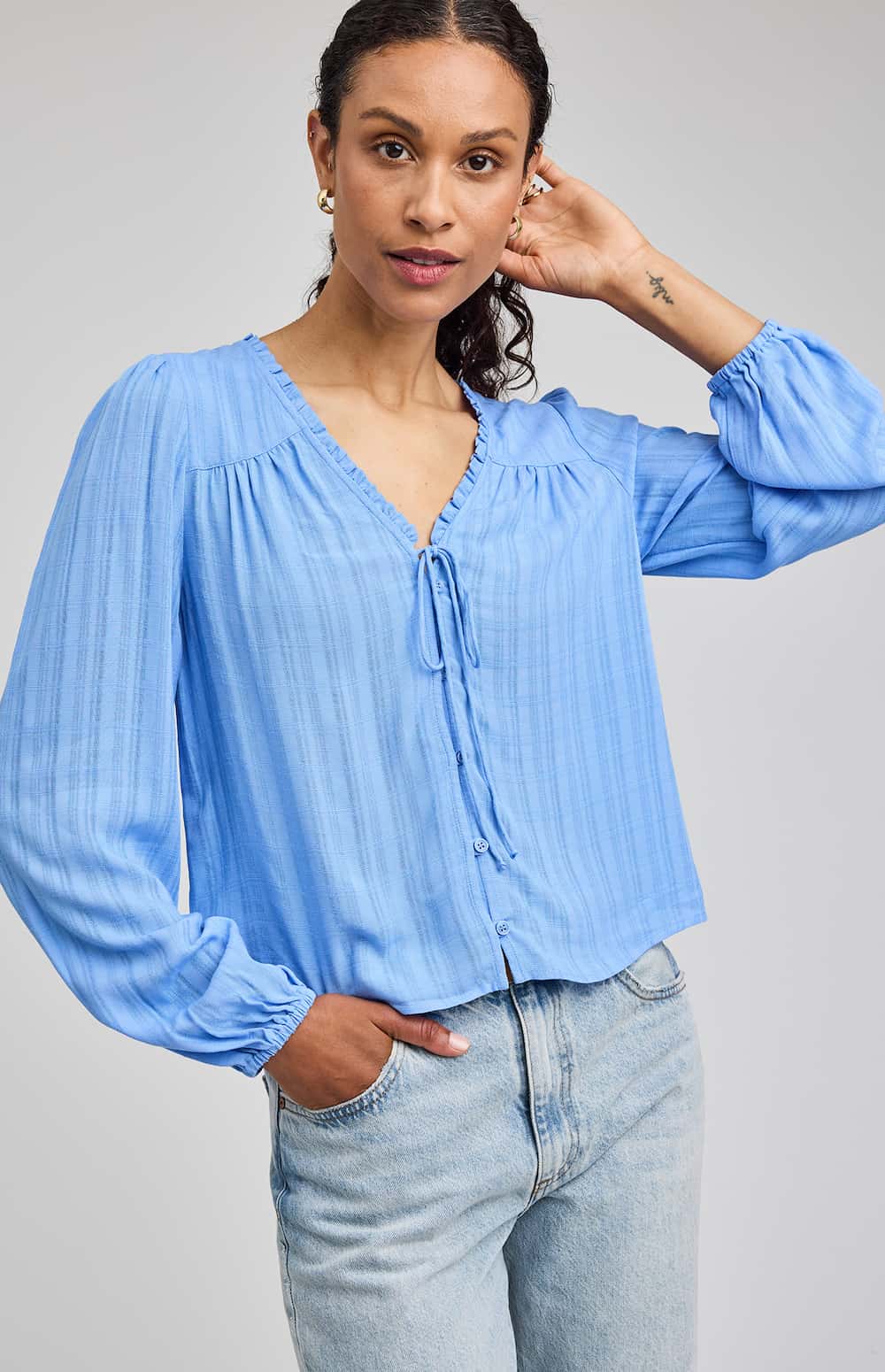 Bluebell textured plaid blouse detail, Gentle Fawn — Lemonberry Aurora