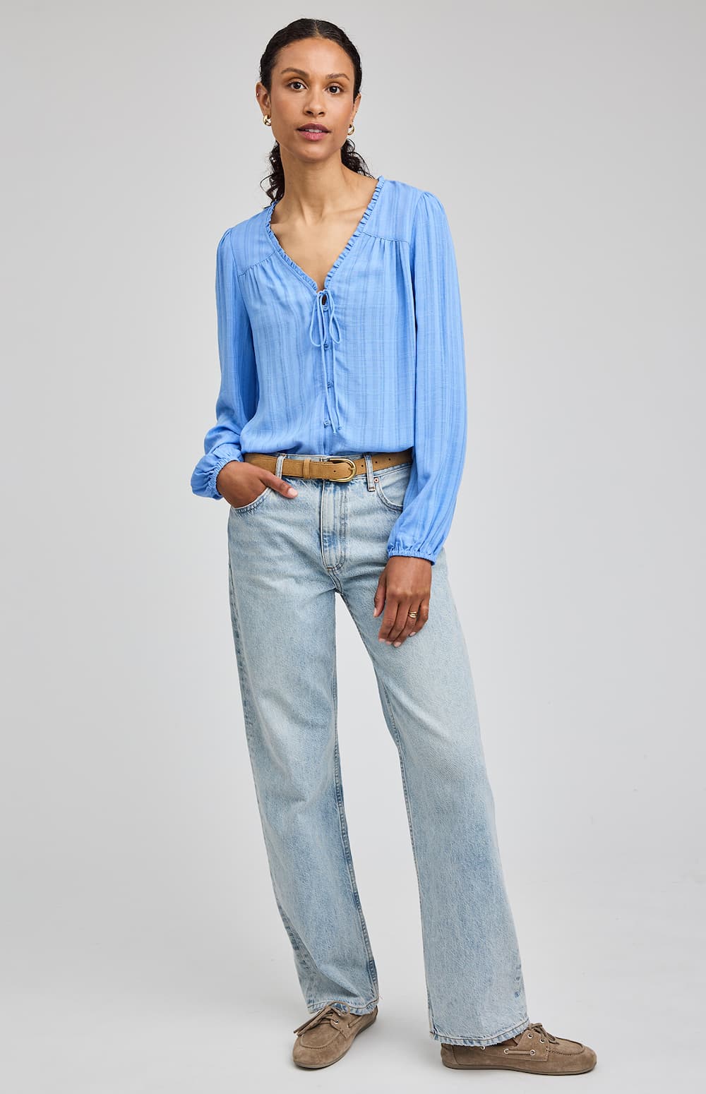 Women’s bluebell textured V-neck blouse, Gentle Fawn, front view — Lemonberry Aurora