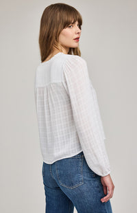 Women’s white textured V-neck blouse, Gentle Fawn, back view — Lemonberry Aurora