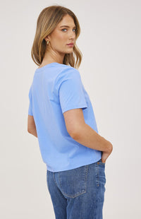 Women’s bluebell v-neck t-shirt, Gentle Fawn, back view — Lemonberry Aurora