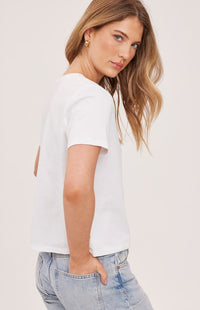 Women’s white v-neck t-shirt, Gentle Fawn, back view — Lemonberry Aurora
