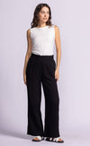 Front view of black Vail Pants by Pink Martini – relaxed fit, elastic waist, and pockets.