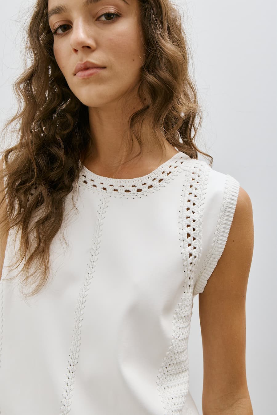 Off white sleeveless vegan leather top with crochet panel detail, Melissa Nepton — Lemonberry Aurora