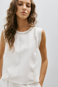 Sleeveless vegan leather top with crochet trim neckline, Melissa Nepton, front view — Lemonberry Aurora