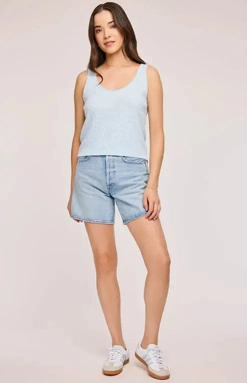 Villa Knit Tank by Gentle Fawn, paired with a pair of denim shorts and white sneakers.