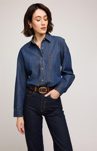 Close-up of Gentle Fawn Whitney Denim Button Down Shirt in dark wash, chest pocket detail, available at Lemonberry