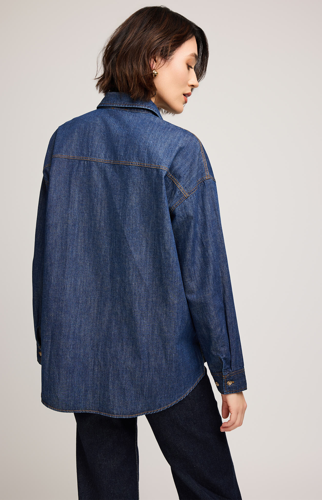 Gentle Fawn Whitney Denim Button Down Shirt in dark wash, back view, available at Lemonberry