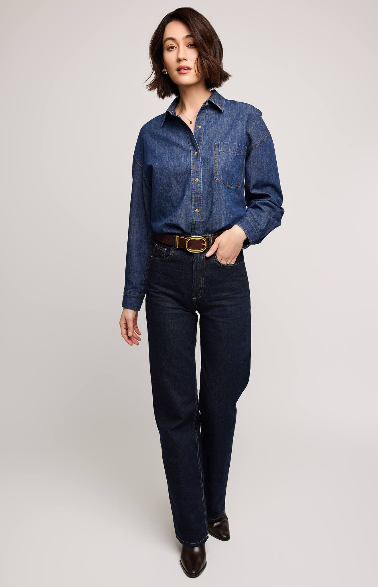 Gentle Fawn Whitney Denim Button Down Shirt in dark wash, front view, available at Lemonberry in Aurora