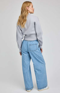 Light wash wide-leg denim pants waistband and pocket detail, Gentle Fawn — Lemonberry Aurora