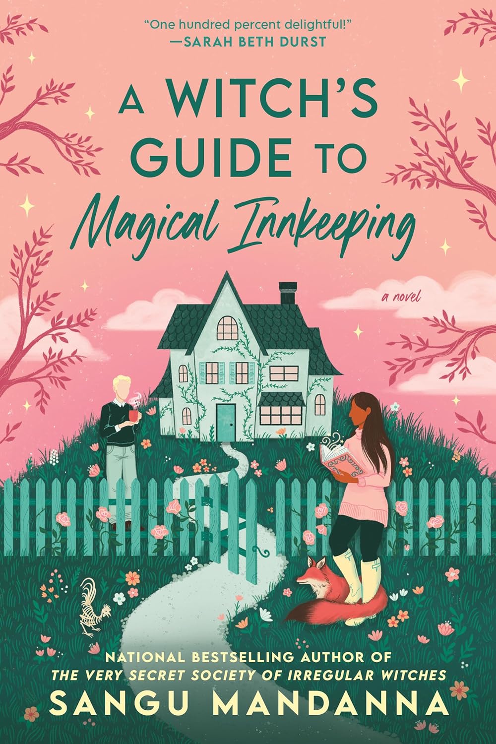 Cover of A Witch’s Guide to Magical Innkeeping novel, pink background and whimsical house illustration