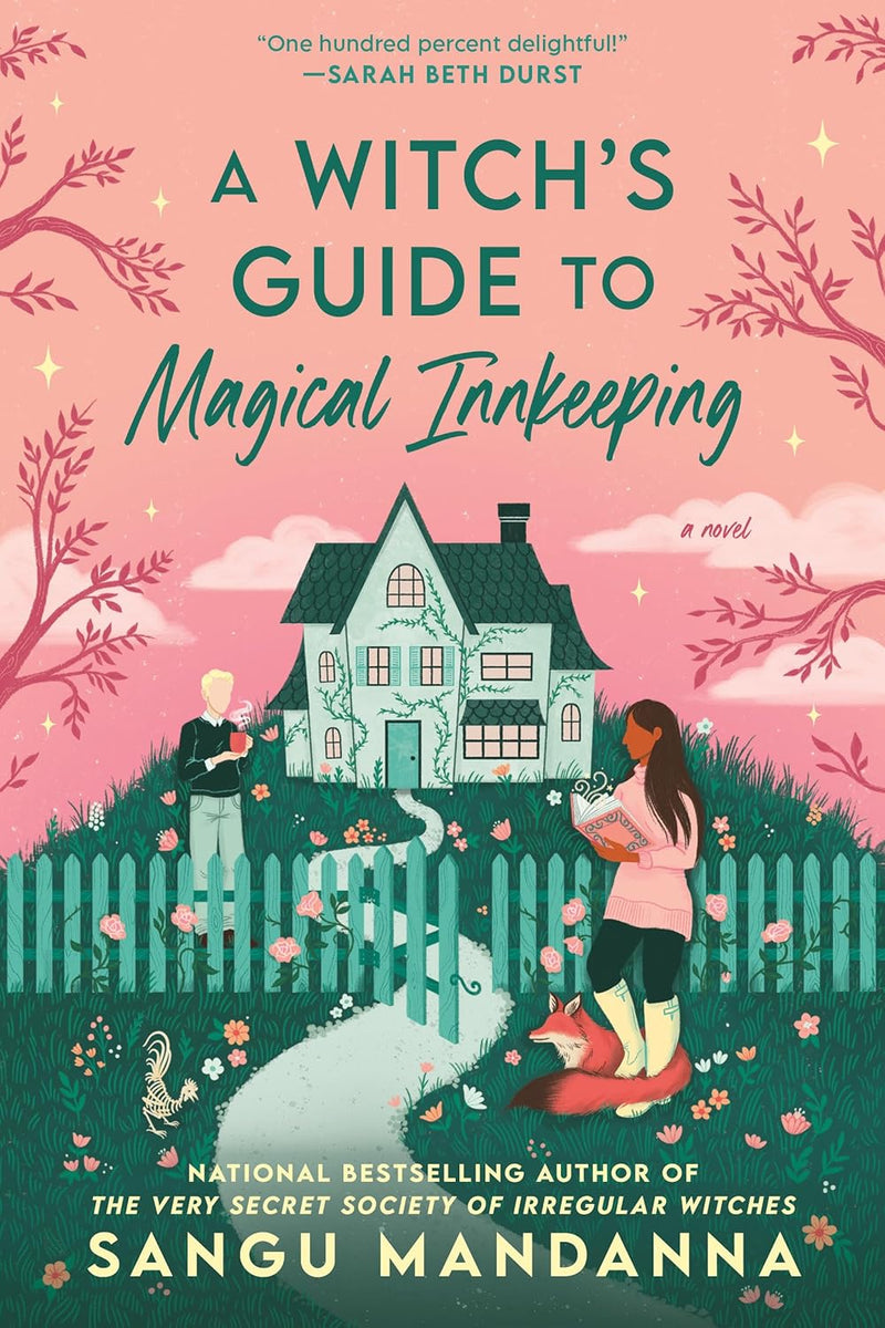 Cover of A Witch’s Guide to Magical Innkeeping novel, pink background and whimsical house illustration