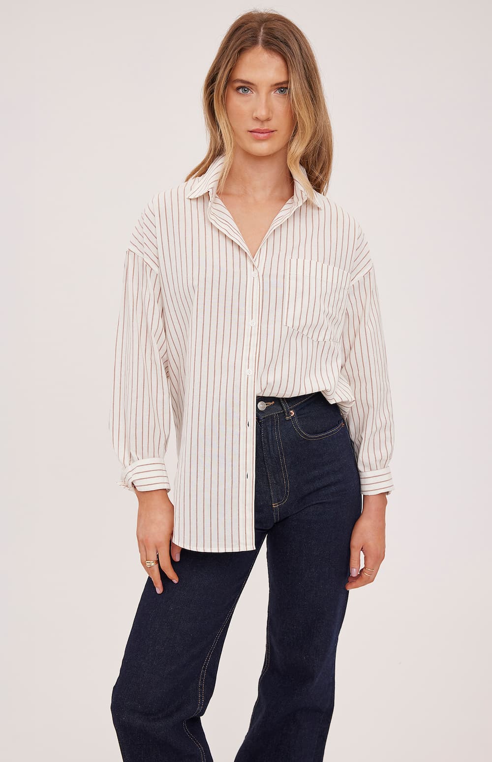 Cotton poplin striped shirt fabric detail, Gentle Fawn — Lemonberry Aurora