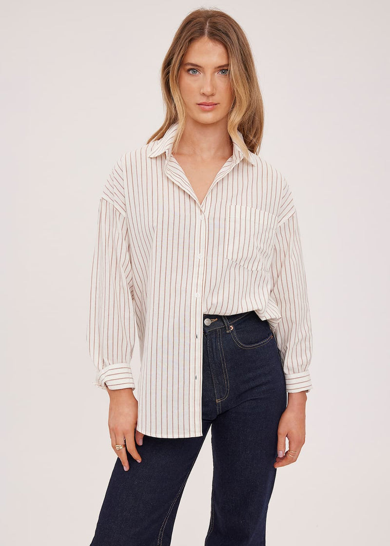 Cotton poplin striped shirt fabric detail, Gentle Fawn — Lemonberry Aurora