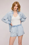 Gentle Fawn Wyatt Shorts in Sky – front view on model with relaxed fit, Lemonberry Aurora.
