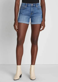 Front of the cute mid roll shorts in med blue by 7FAM.