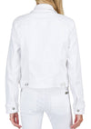 Back view of the 7 For All Mankind Classic Trucker Jacket in Soleil, showcasing its cropped fit, clean white denim fabric, and classic seam detailing.