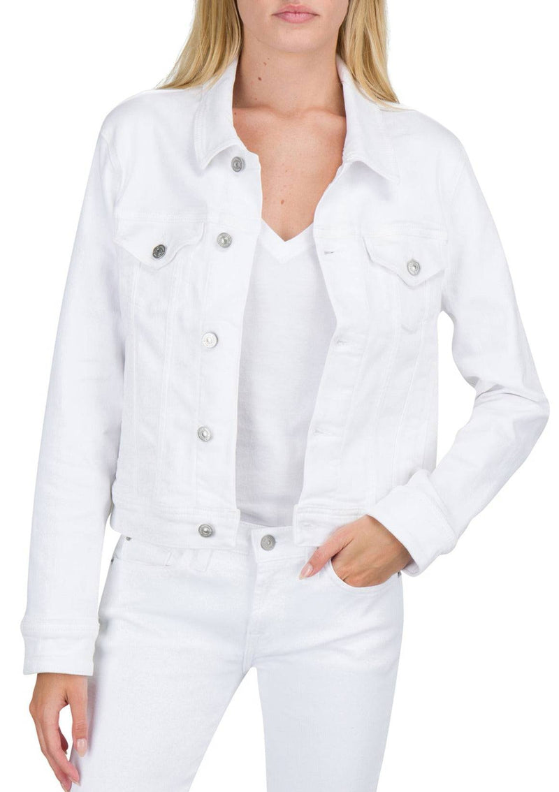 Front view of the 7 For All Mankind Classic Trucker Jacket in Soleil, featuring a cropped fit, white denim fabric, silver button closures, and front patch pockets.
