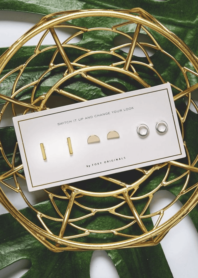Display card of the Foxy Originals Geo Stud Earrings