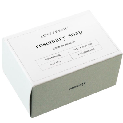 Lovefresh Rosemary Soap in box, with a fresh herbal rosemary scent, crafted with natural and organic ingredients for a soothing and rejuvenating cleanse.
