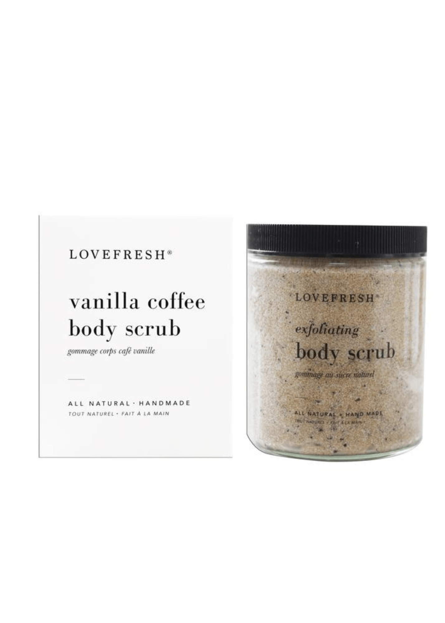 A box and jar of Lovefresh Vanilla Coffee Scrub, featuring natural exfoliating ingredients like Arabica coffee grinds, shea butter, and coconut oil.