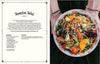 Open page from Mandy’s Gourmet Cookbook showing a salad recipe on one side, with a beautifully arranged salad on the other.