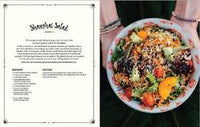 Open page from Mandy’s Gourmet Cookbook showing a salad recipe on one side, with a beautifully arranged salad on the other.