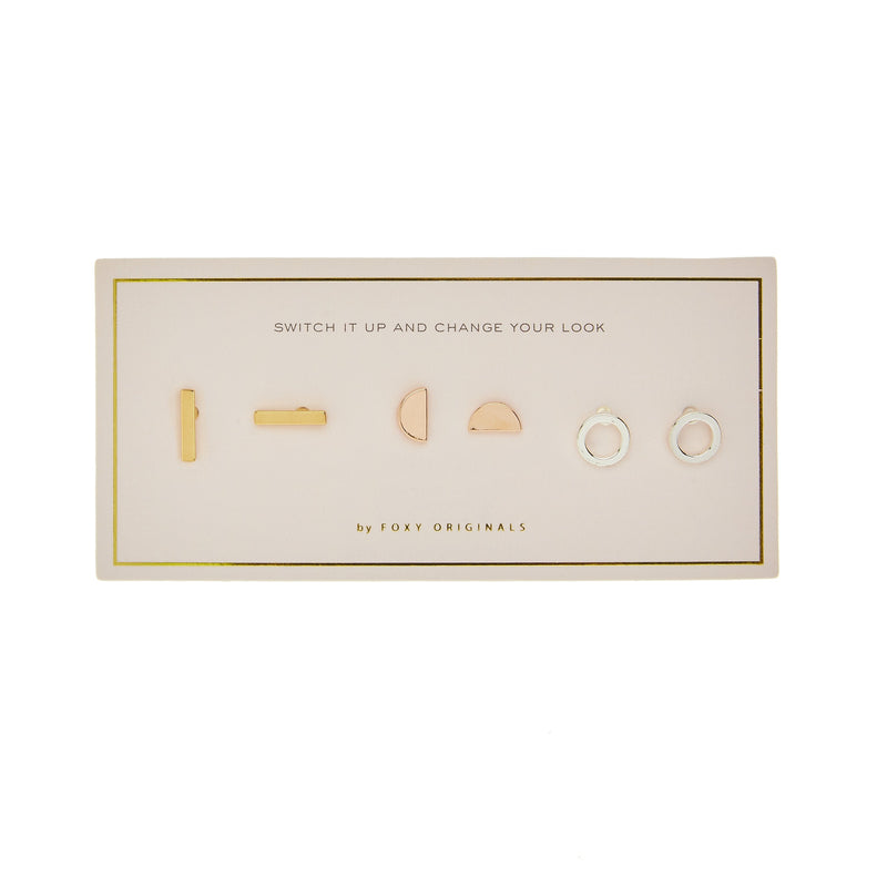 Close up of the Foxy Originals Geo Stud Earrings display card
