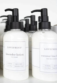 A picture of the Lovefresh Lotion lineup, at Lemonberry