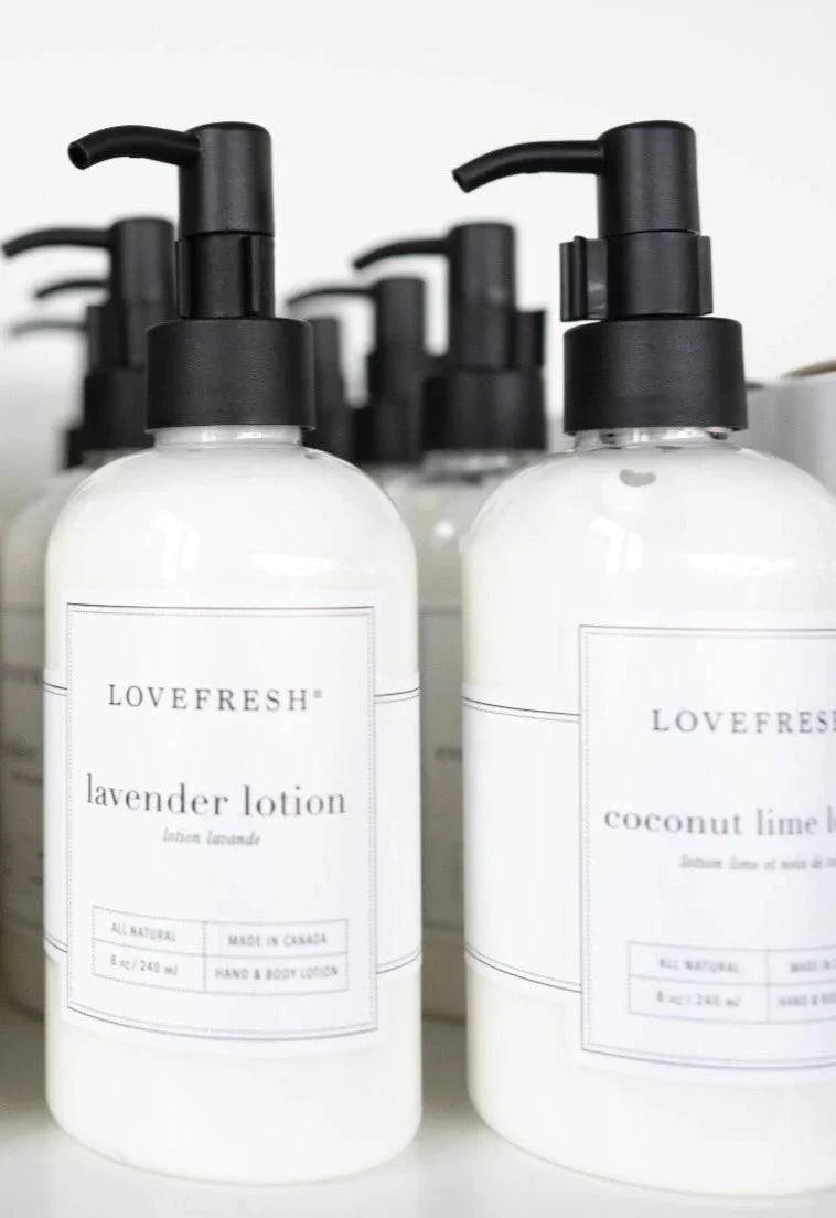 A picture of the Lovefresh Lotion lineup, at Lemonberry